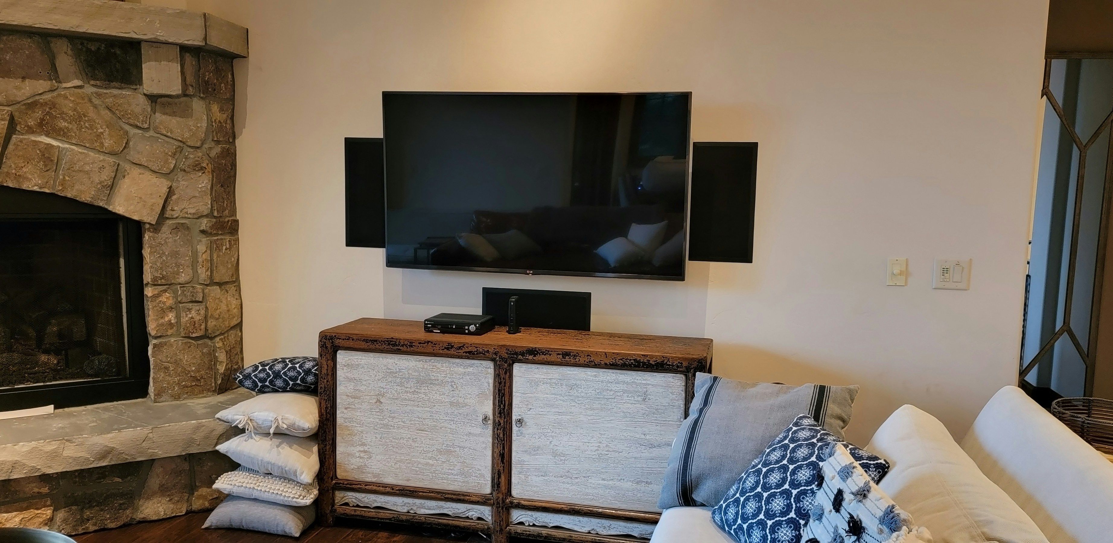 Home theater speaker setup in a dedicated media room