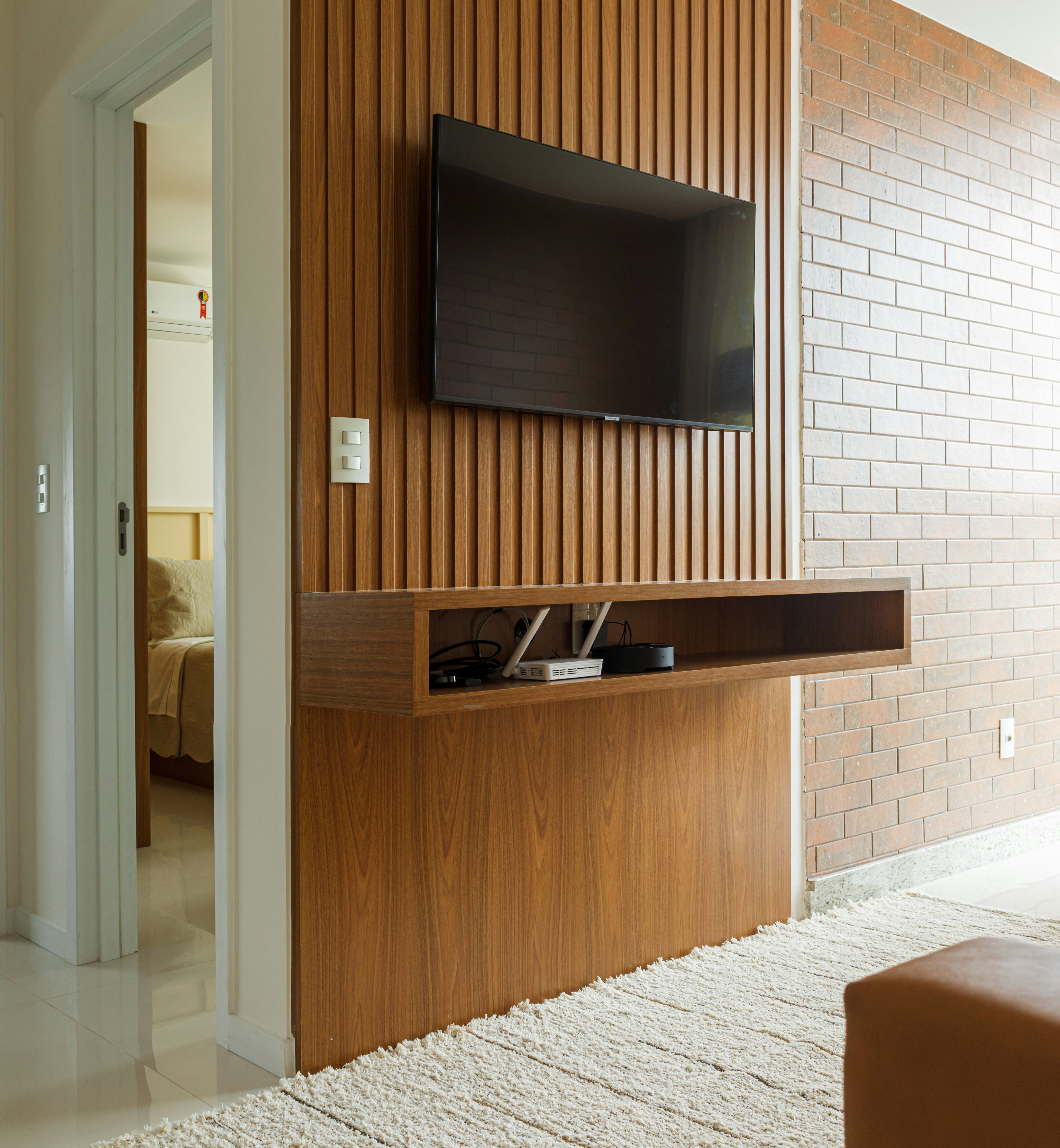 Living room wall-mounted television with clean cable routing